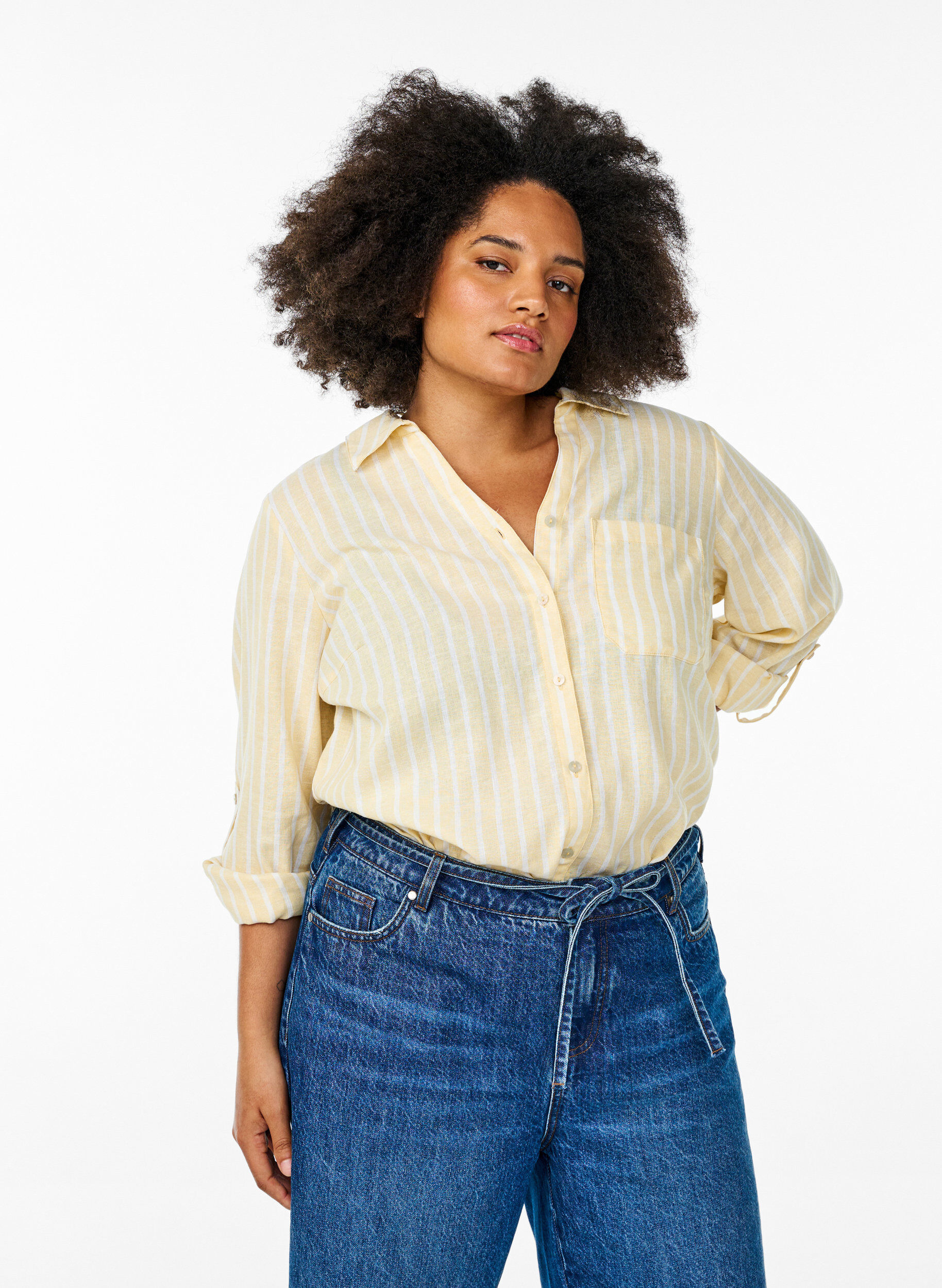 ZizziLinnen en viscose shirt met 3/4 mouwen, Beige, Model image number 0