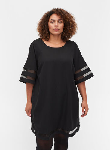Short-sleeved dress with see-through details, Black, Model image number 0