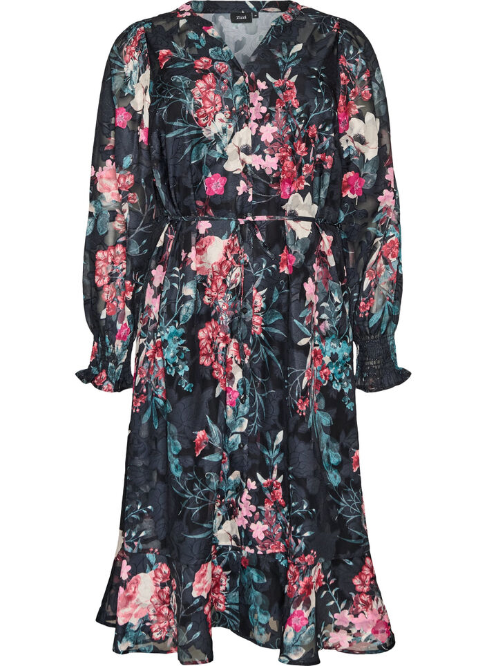 Bloemen midi-jurk met geweven textuur en strikceintuur, Zwart, Packshot image number 0