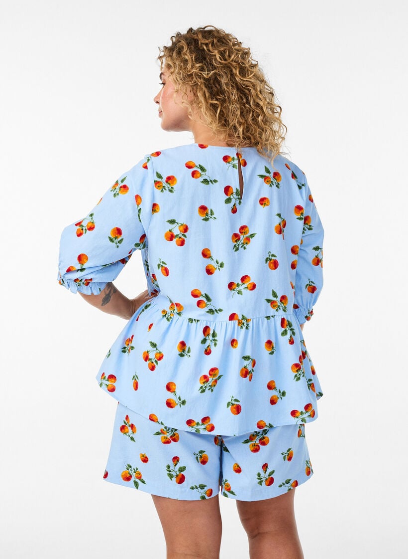 Short taille haute en coton &agrave; imprim&eacute; tomates, Bleu Clair, Model image number 2
