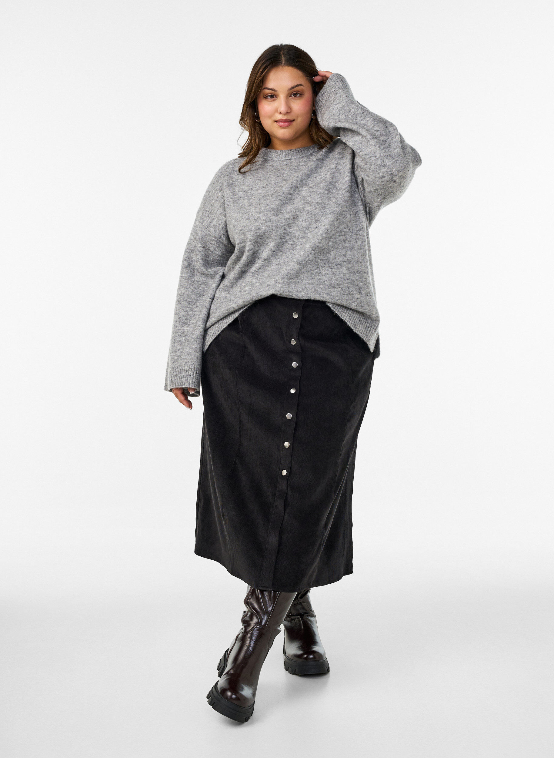 ZizziA-lijn corduroy rok met knopen, Zwart, Model image number 1