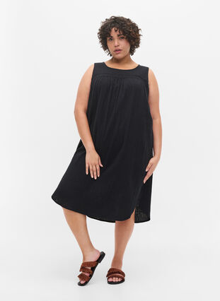 Mouwloze katoenen jurk met a-lijn, Black, Model image number 2