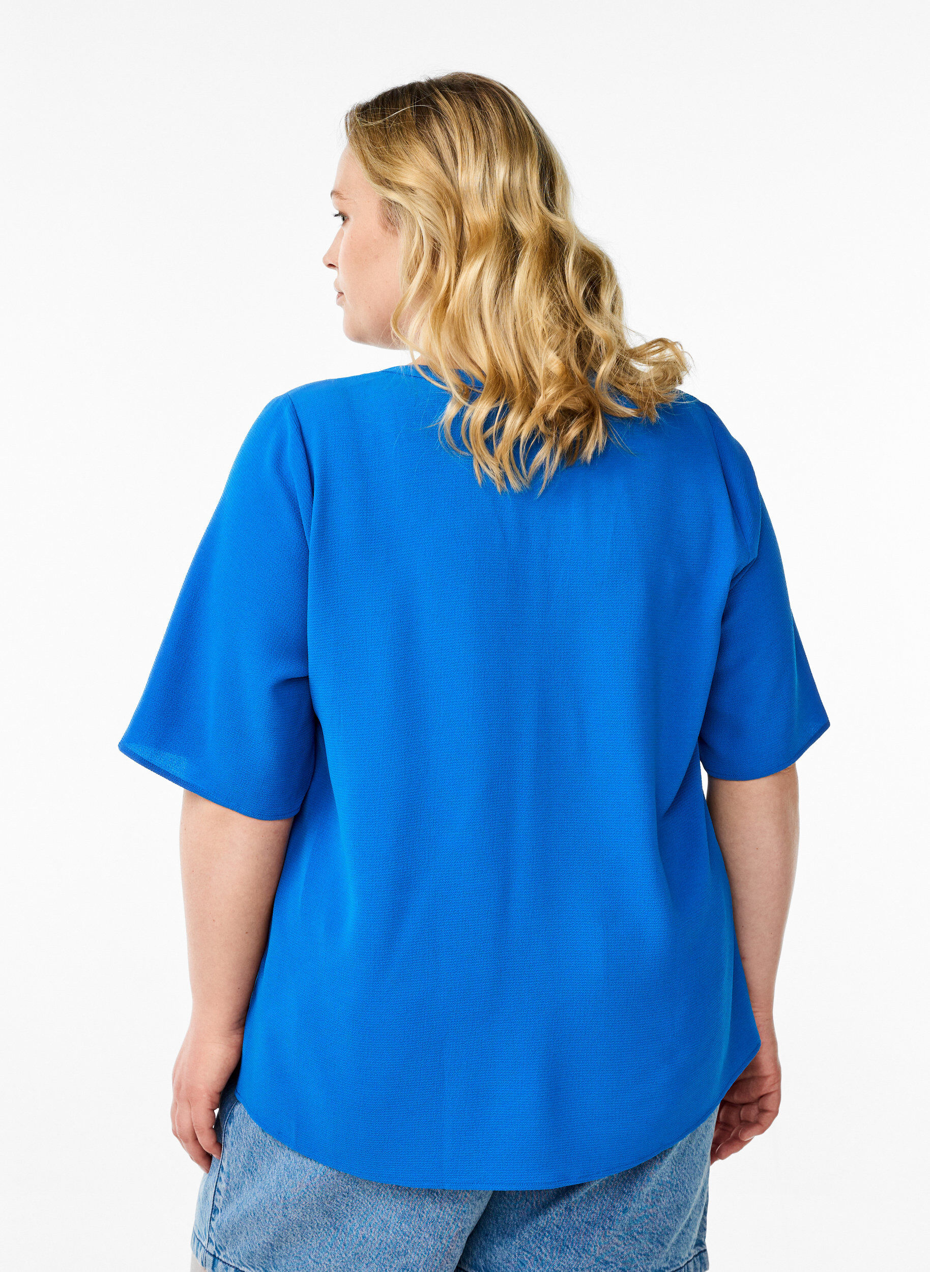 ZizziBlouse met korte mouwen en V-hals, Blauw, Model image number 2