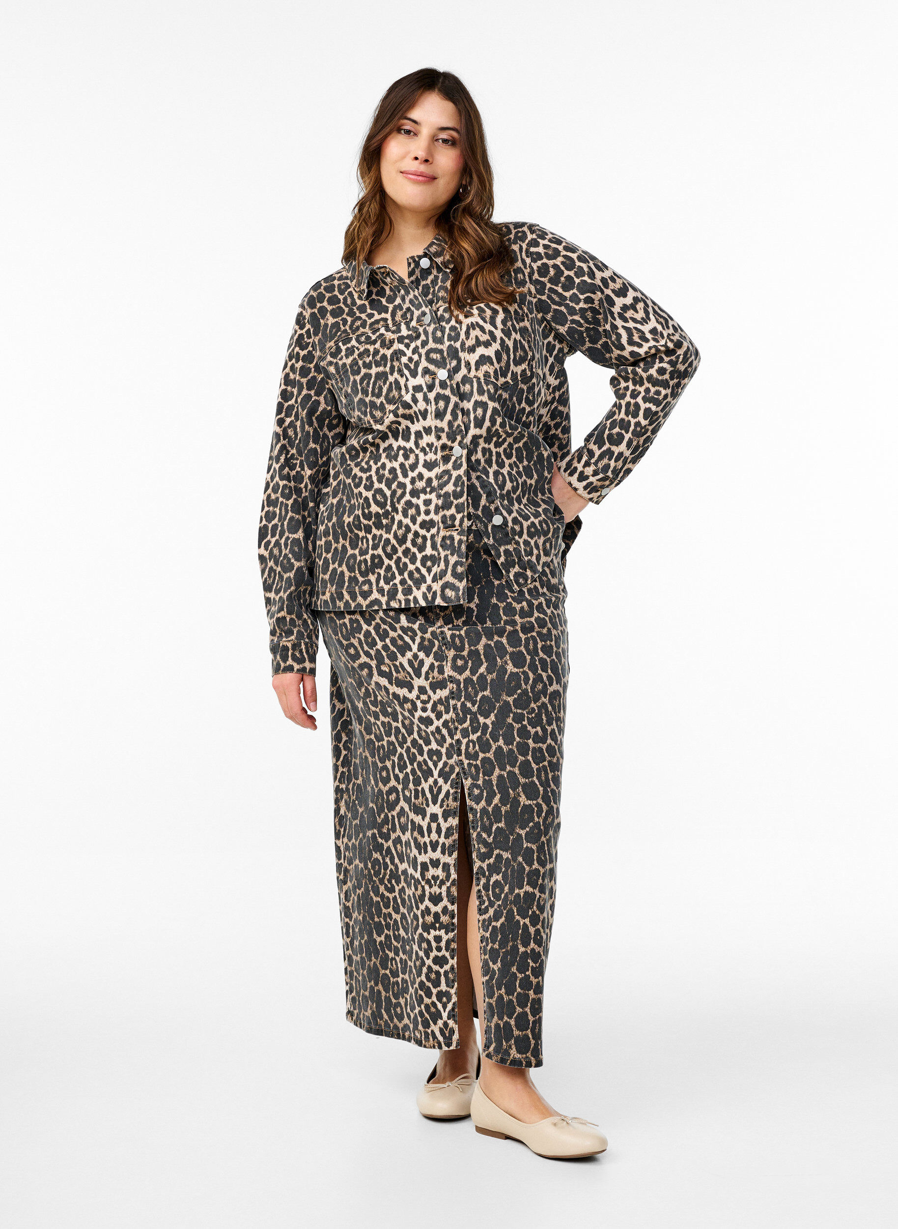 ZizziDenim jacket met luipaardprint en borstzakken, Bruin, Model image number 1