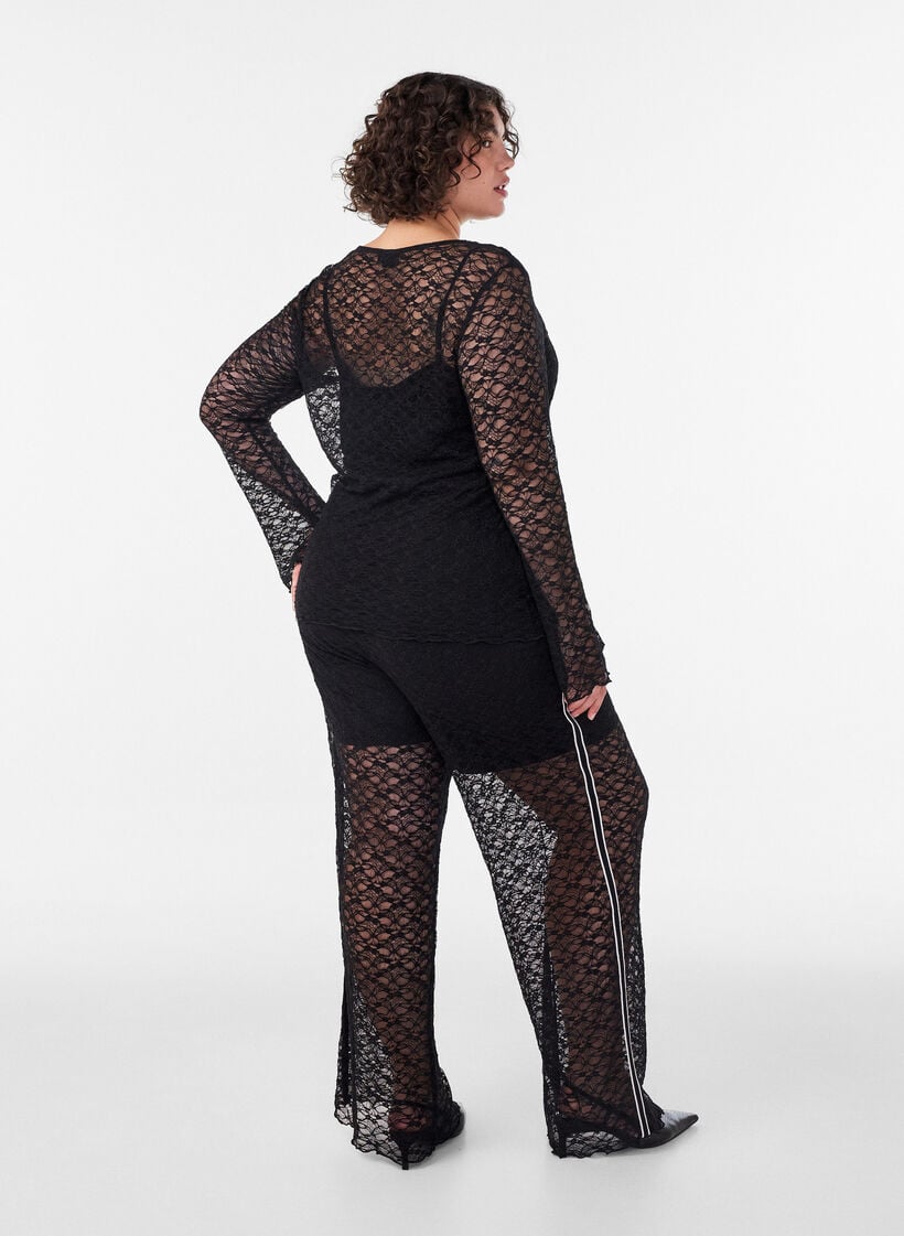 Pantalon &agrave; coupe ample en dentelle transparente, Noir, Model image number 1