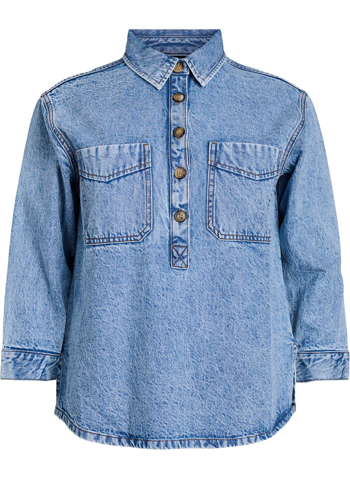 Denimshirt met halve sluiting en borstzakken, Blauw, Packshot