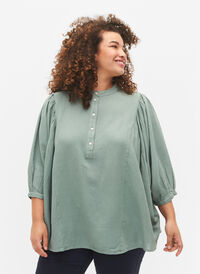 Viscose-Linen Mix Shirt Blouse met 3/4 Mouwen, Chinois Green, Model