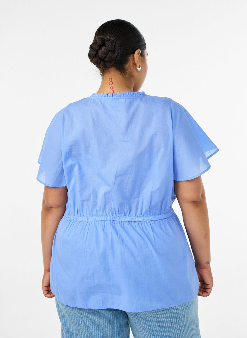 Blouse en coton avec lien &agrave; nouer et taille &eacute;lastiqu&eacute;e, Bleu, Model image number 2