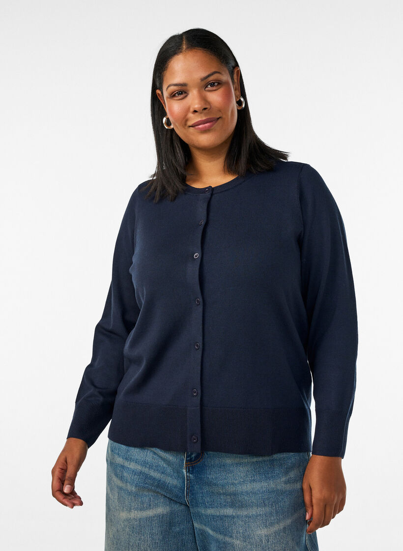 Cardigan en maille fine avec col rond, Bleu, Model image number 0