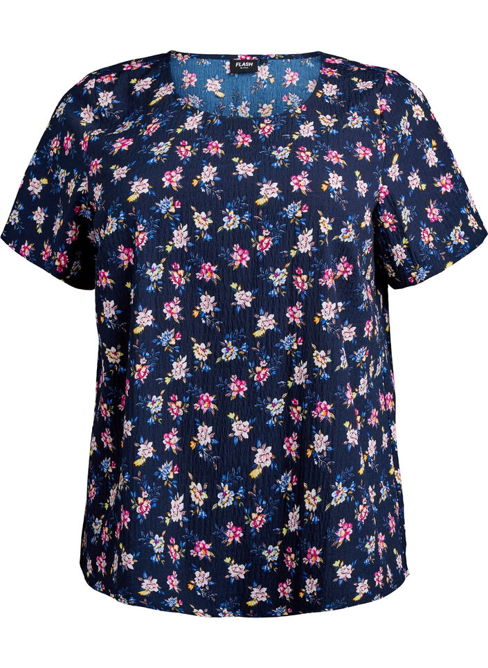 Blouse met korte mouwen en textuur, Blauw, Packshot image number 0