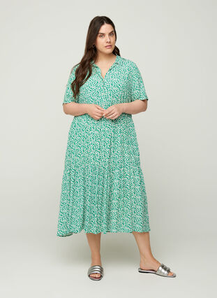 Viscose midi-jurk met korte mouwen, Green W. Flower, Model image number 0