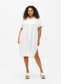 Lang shirt van katoenmix met linnen, Bright White, Model