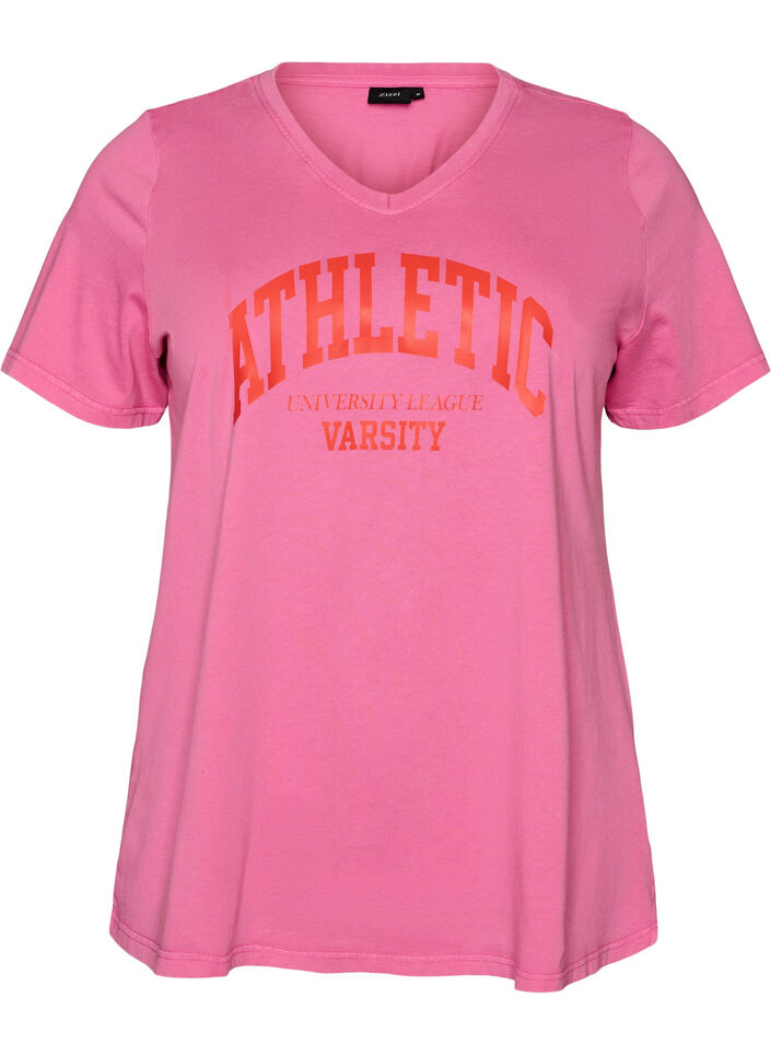T-shirt en coton bio avec un imprim&eacute; varsity et col V, Rose, Packshot image number 0