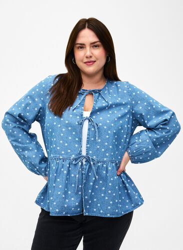 Denim peplum blouse met striksluiting, Light Blue w.Flowers, Model image number 0