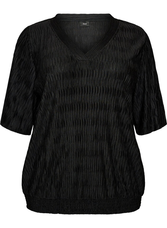 Blouse met golvende structuur en ballonvorm, Zwart, Packshot image number 0