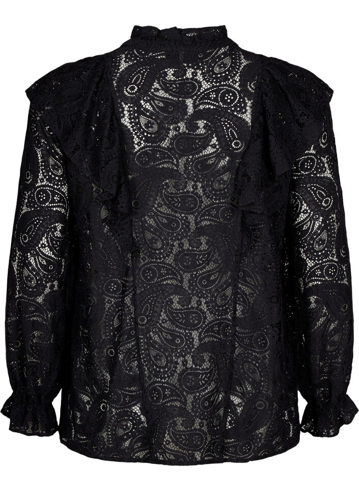 Kanten overhemd-blouse met ruches, Black, Packshot image number 1