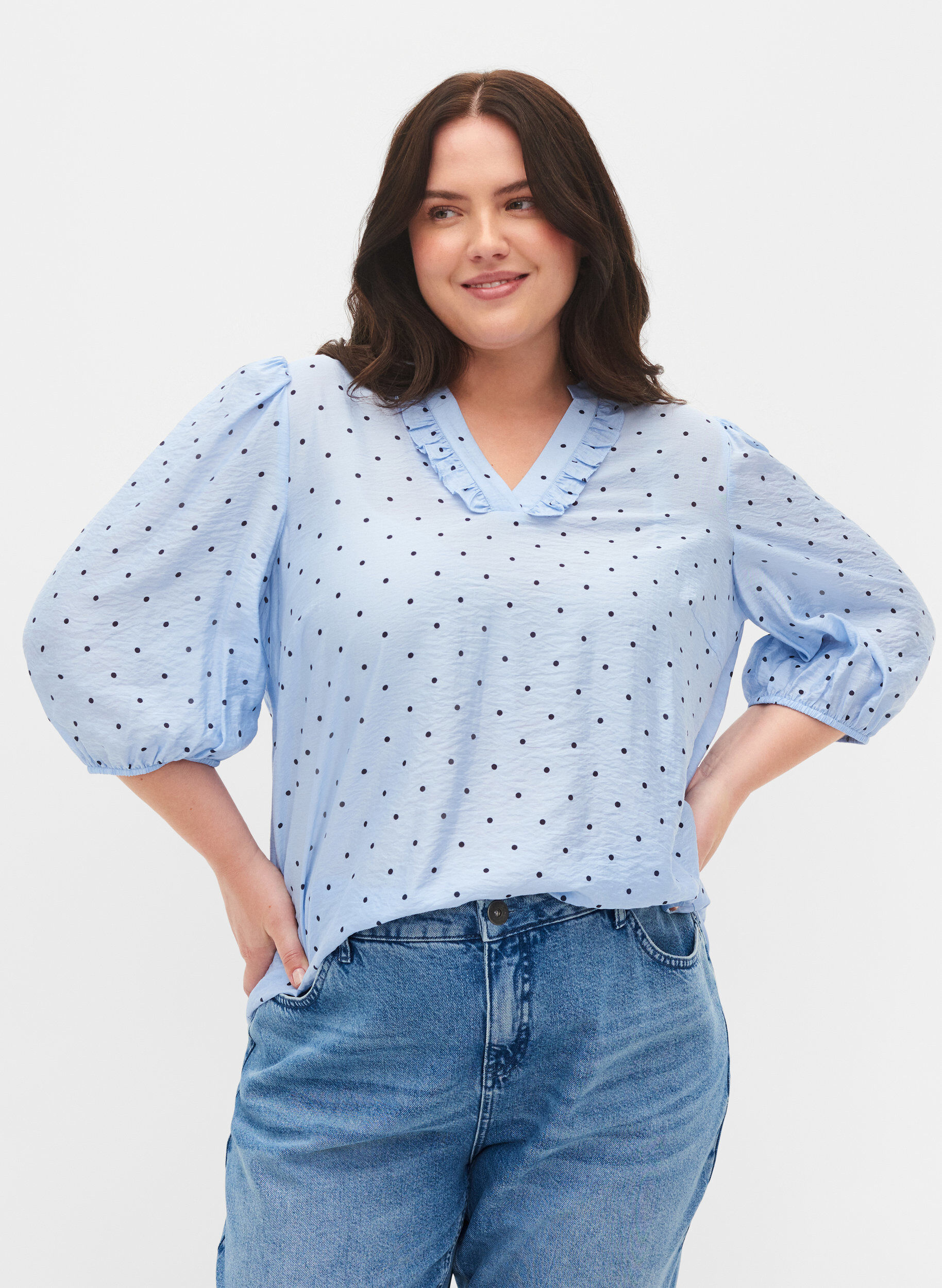 ZizziGestippelde blouse met 3/4 mouwen in viscose, Light Blue Dot, Model image number 0