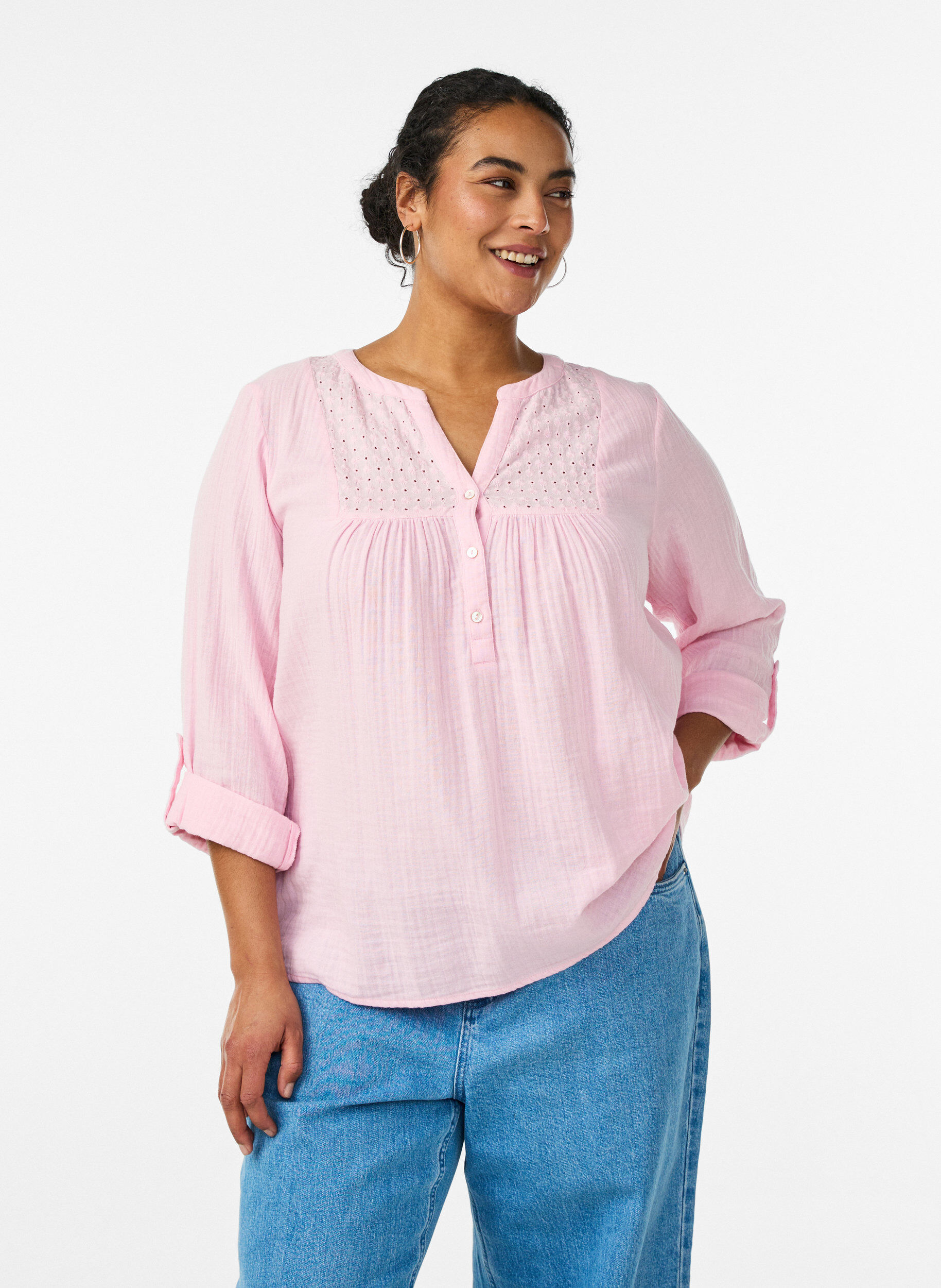 ZizziBlouse in katoenen mousseline met broderie anglaise, Roze, Model image number 0