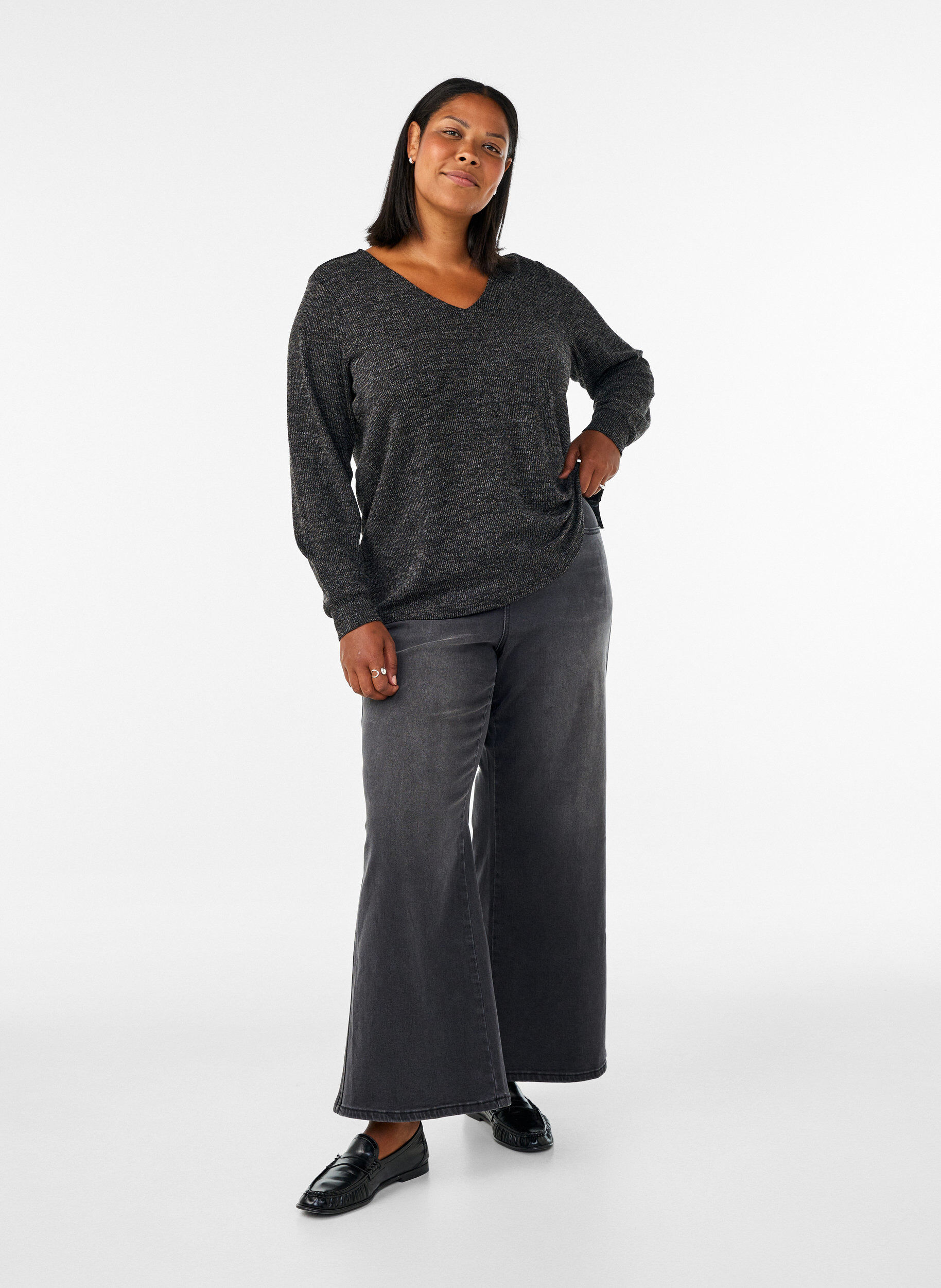 ZizziJersey blouse met V-hals en lange mouwen, Zwart, Model image number 1