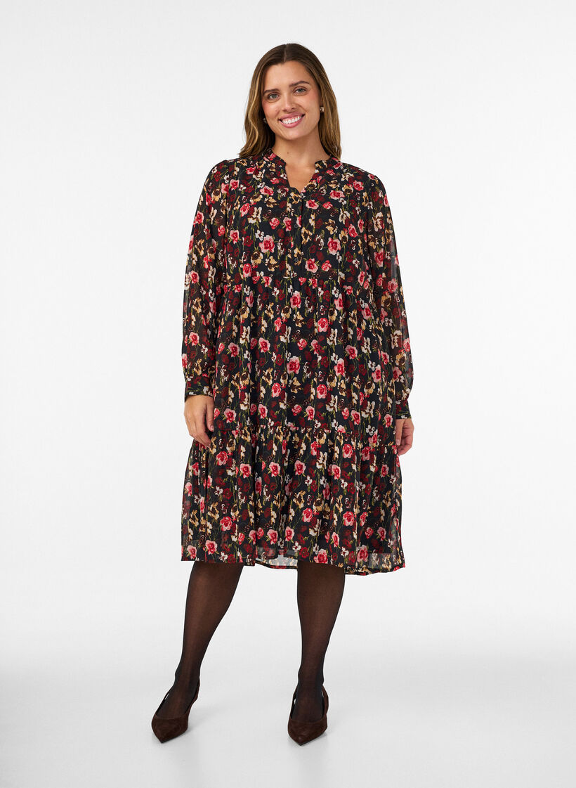Robe &agrave; imprim&eacute; int&eacute;gral et volant superpos&eacute;, Noir, Model image number 0