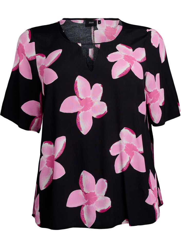 Korte mouw visrose Blouse met print, Zwart, Packshot image number 0