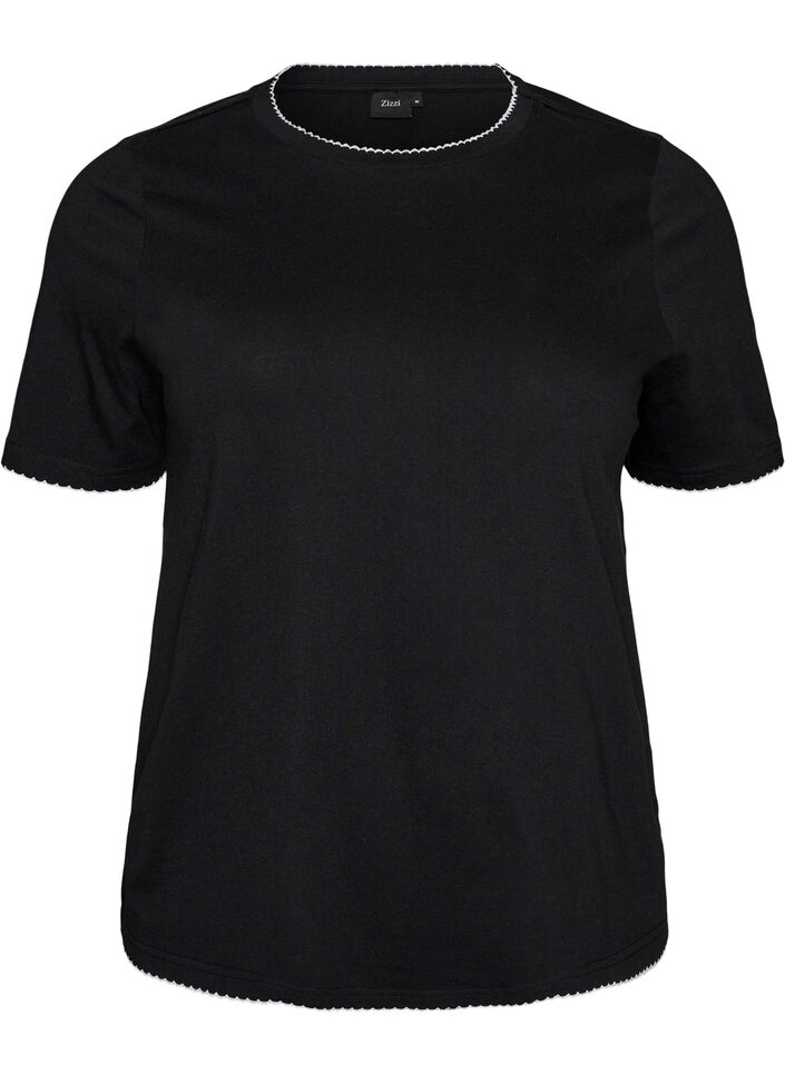 T-shirt en coton avec bords ondul&eacute;s contrastants, Noir, Packshot image number 0