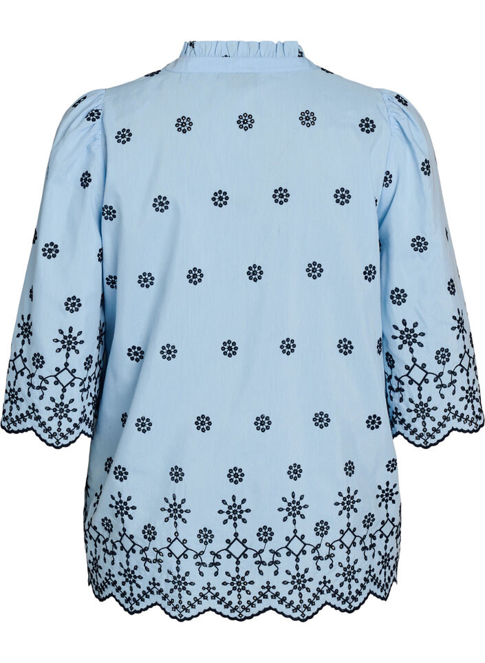Blouse met 3/4 mouwen en geborduurd patroon, Blauw, Packshot image number 1