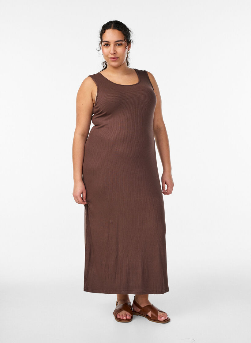 Mouwloze ribjurk van viscose, Bruin, Model image number 0