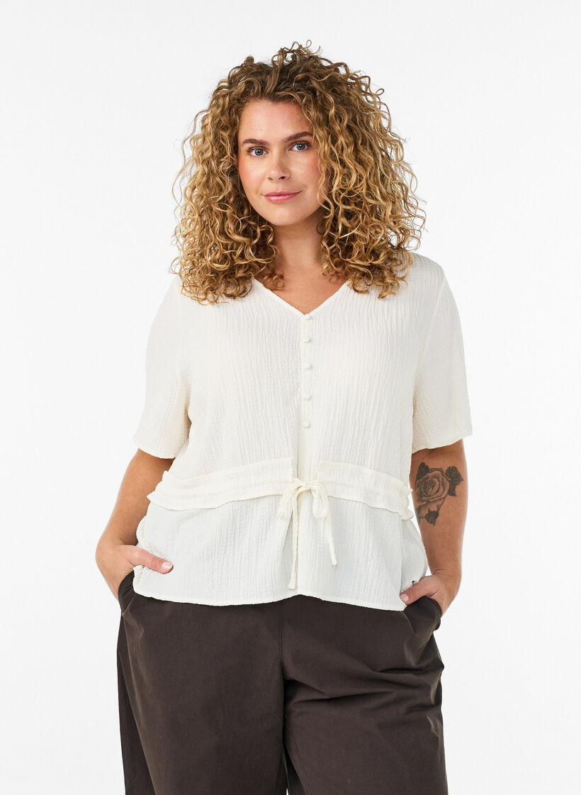 Blouse met textuur en een strik in de taille, Vanille, Model image number 0