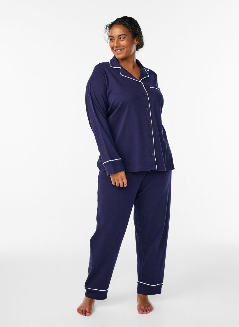Katoenen pyjamabroek met hoge taille, Blauw, Model image number 0