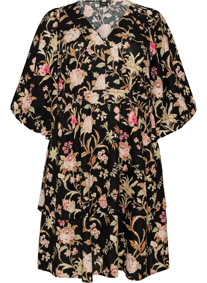 Bloemenjurk in linnen en viscose met een empirelijn, Zwart, Packshot image number 0