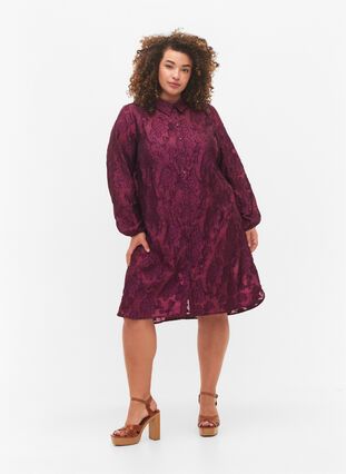 Lange jacquard shirt, Dark Purple, Model image number 3