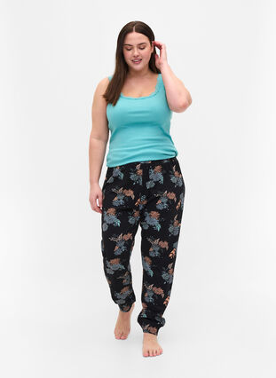 Pantalon de pyjama en coton avec imprimé floral, Black Flower AOP, Model image number 2