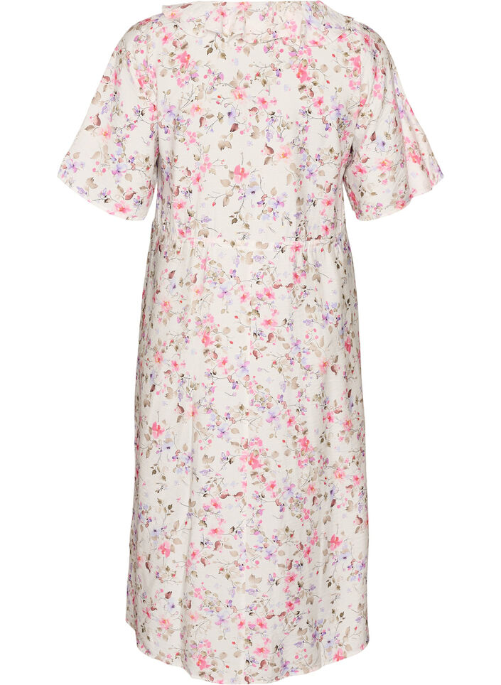 Robe midi en viscose avec imprim&eacute; fleuri et col &agrave; volants, Vanille, Packshot image number 1