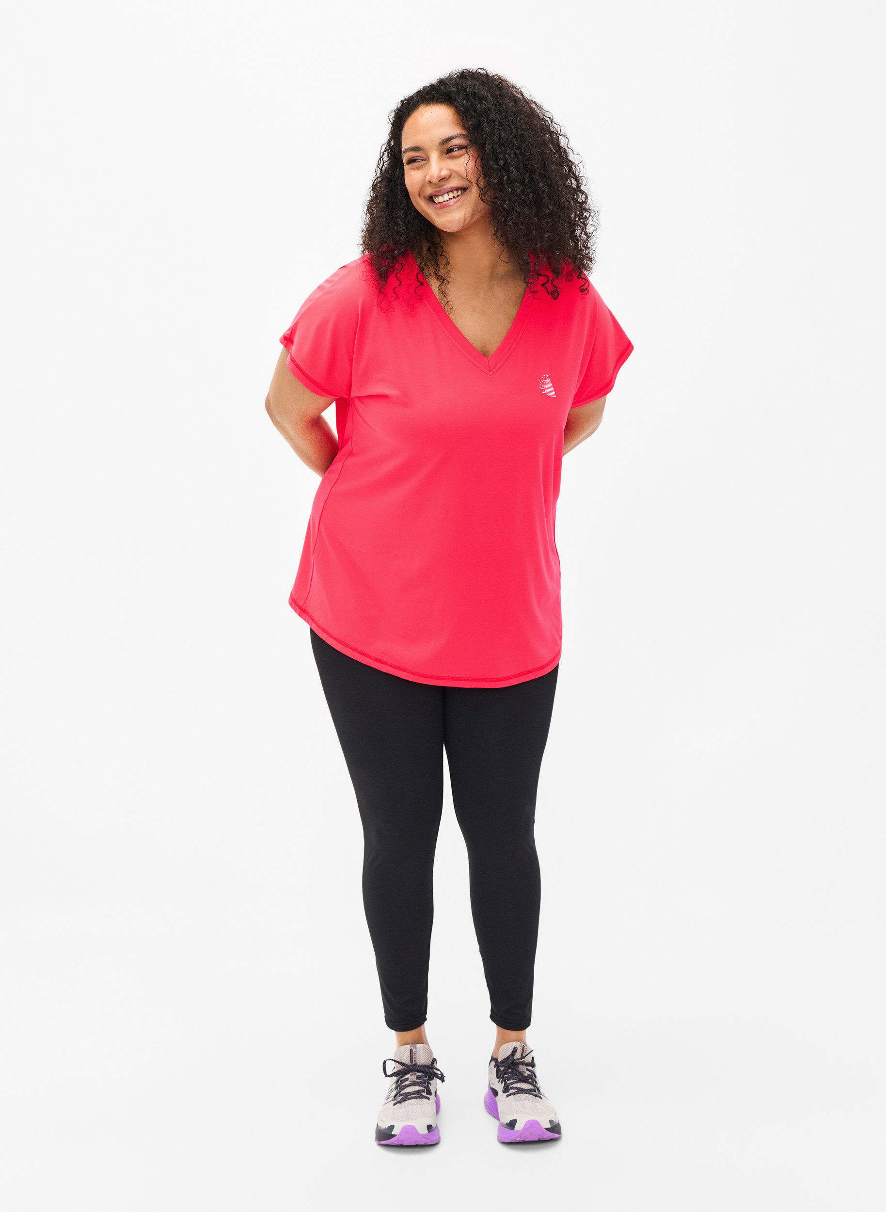 Zizzi T-shirt de sport ample avec col en V, Neon Diva Pink, Model image number 2