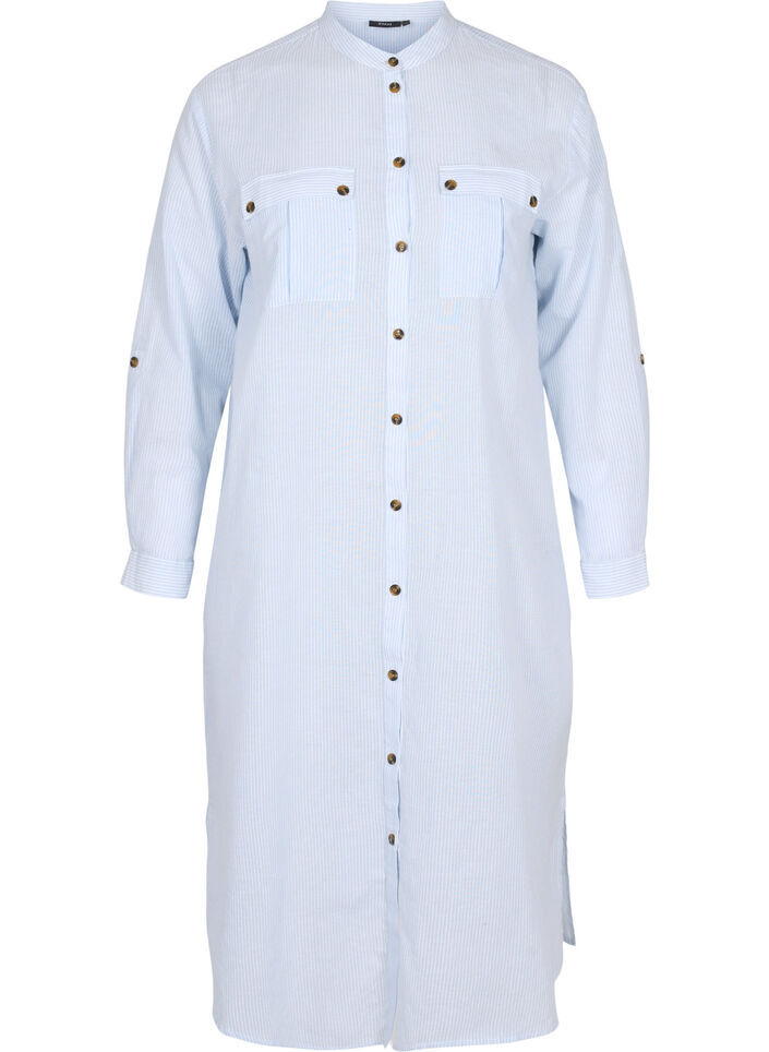 Lange gestreepte blouse jurk in katoen, Blue Stripe, Packshot image number 0