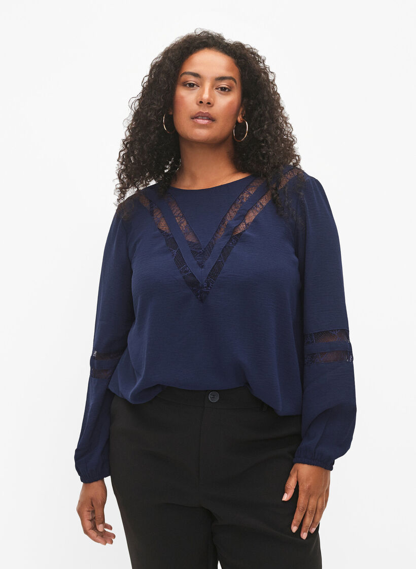 Blouse à manches longues avec de la dentelle, Navy Blazer, Model image number 0