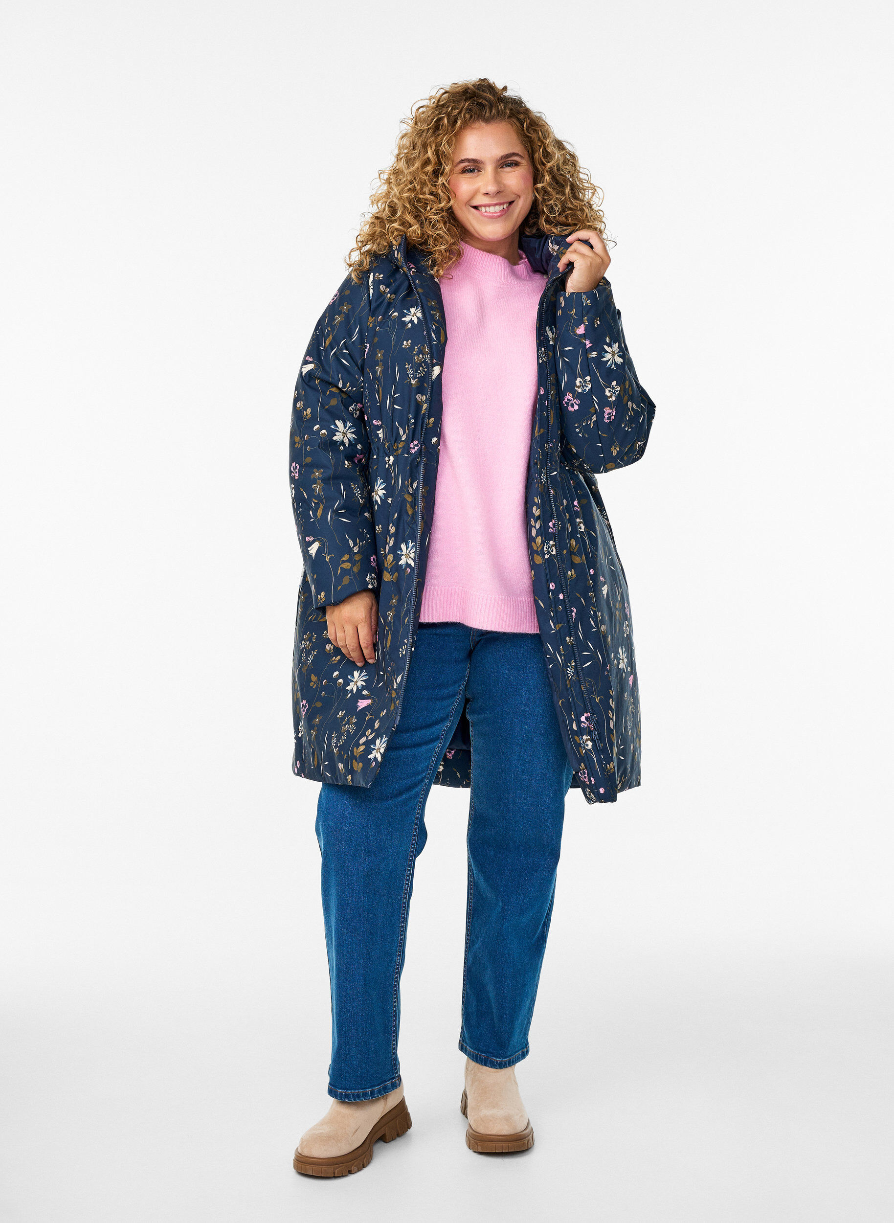 ZizziGewatteerde winterjas met bloemenprint, Blauw, Model image number 1