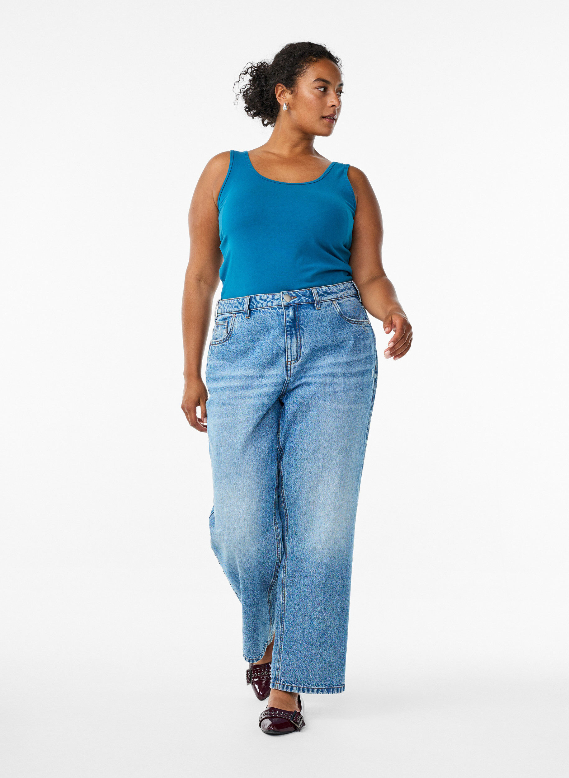 Zizzi Haut uni Basic en coton, Bleu p&eacute;trole, Model image number 1