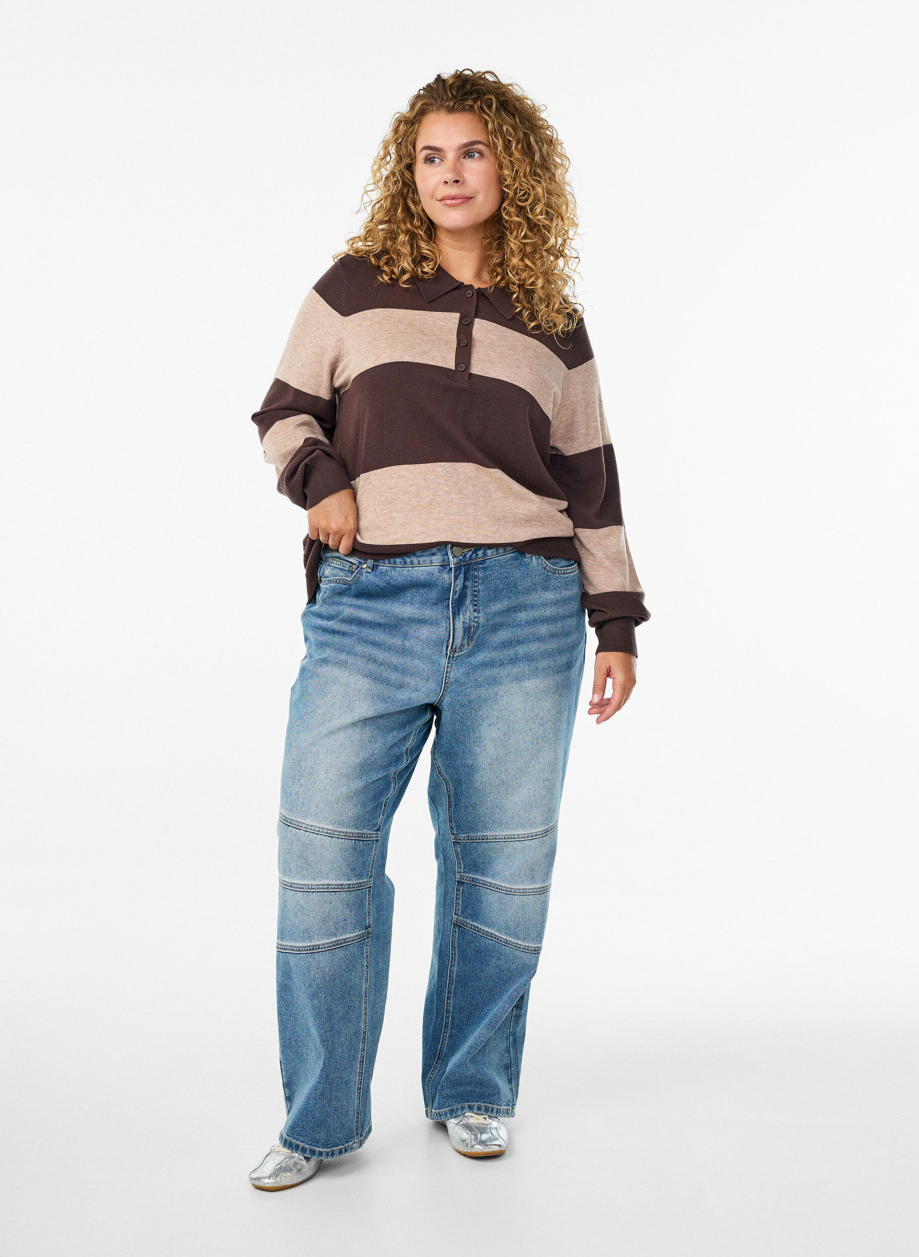 Zizzi Chemisier en maille avec col, Marron, Model image number 1