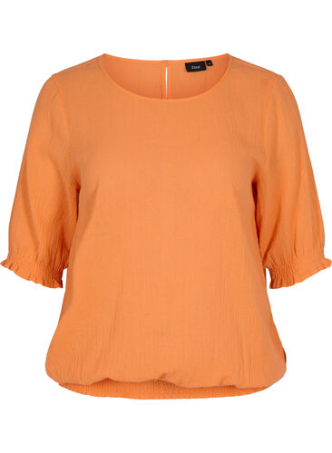 Katoenen blouse met smokwerk en korte mouwen, Nectarine, Packshot image number 0