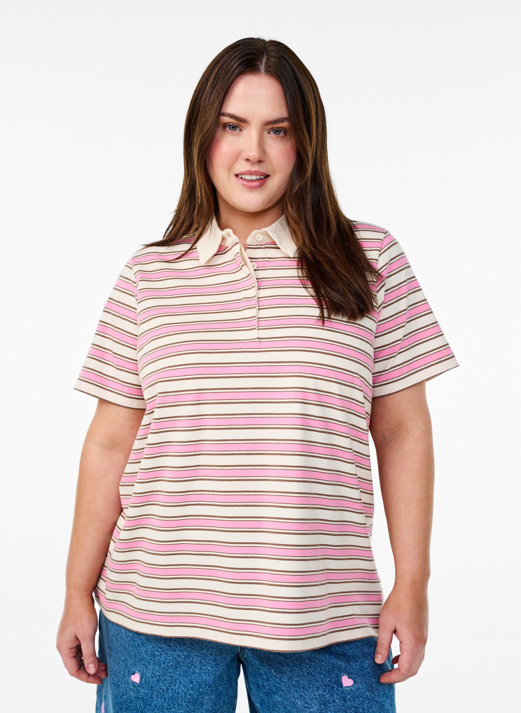 Zizzi Polo ray&eacute; &agrave; manches courtes, Rose, Model image number 0