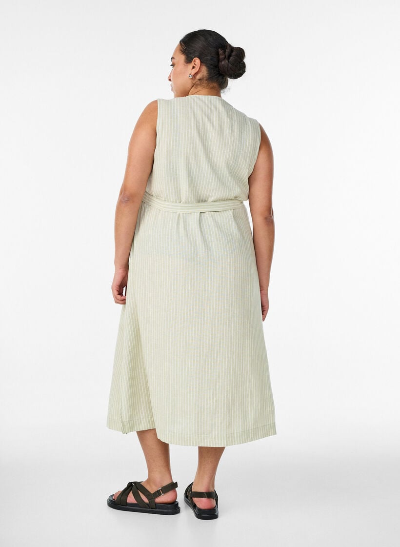 Robe midi sans manches &agrave; rayures en lin et viscose, Vert clair, Model image number 1