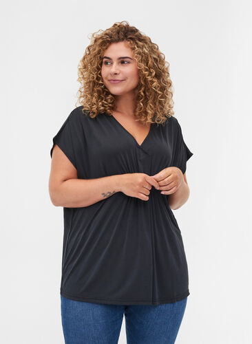 Short-sleeved blouse with sBlouse à manches courtes avec smock, Moonless Night, Model image number 0