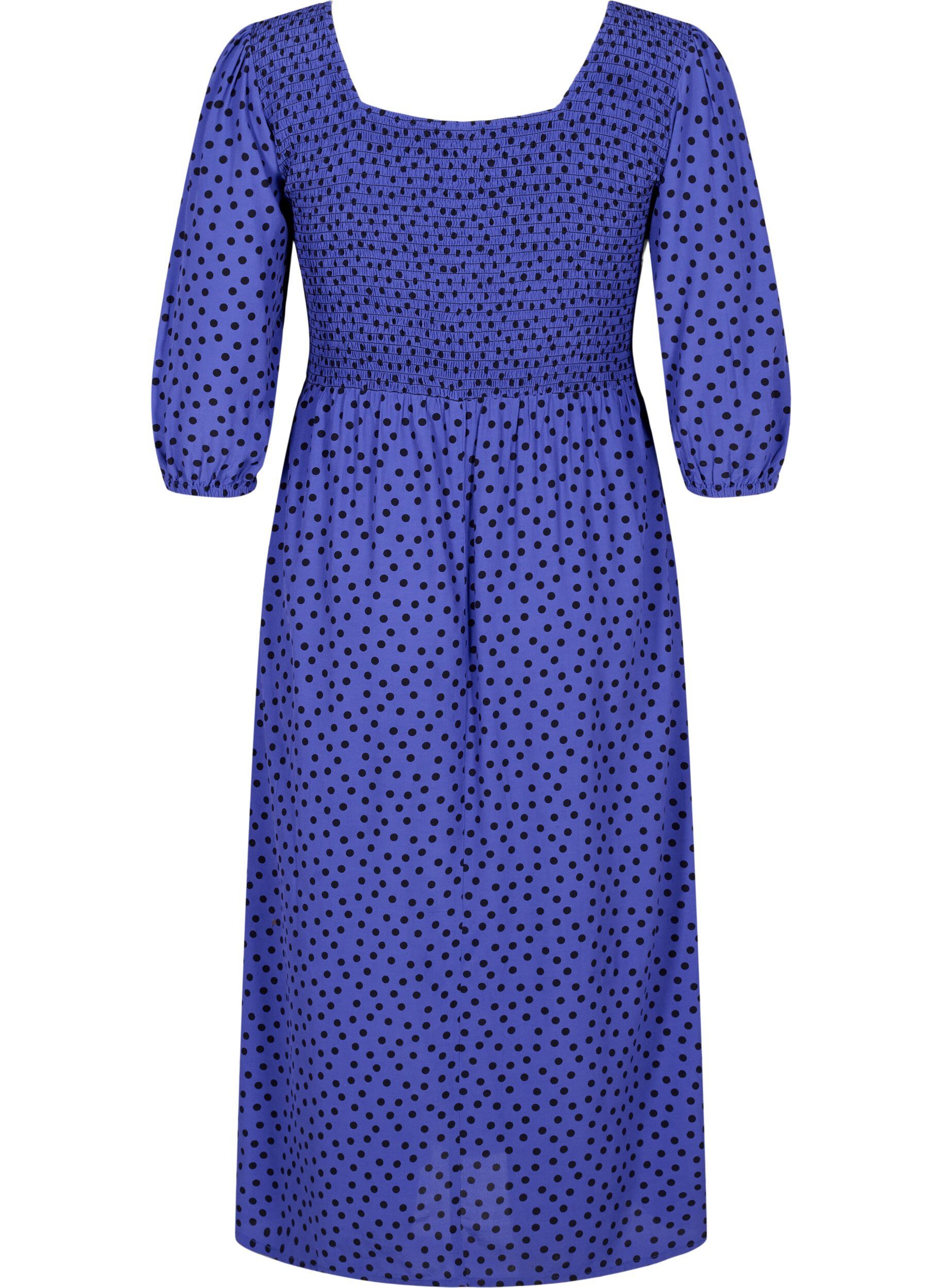 Zizzi Robe en viscose &agrave; pois avec smock, R.Blue w. Black Dot, Packshot image number 1