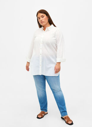 Lang shirt van linnen en katoen, Bright White, Model image number 2
