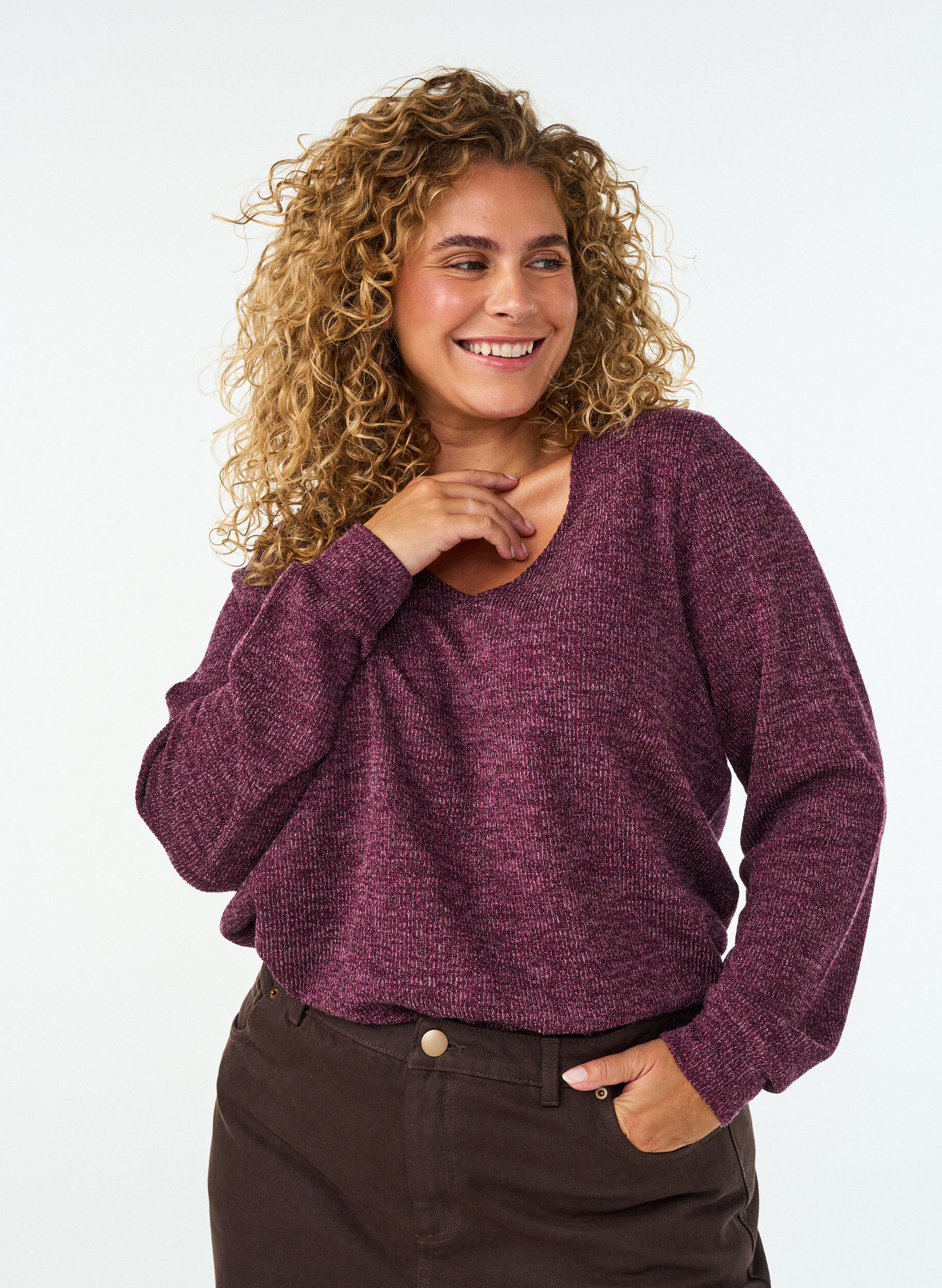 ZizziJersey blouse met V-hals en lange mouwen, Donker Bordeaux, Model image number 0