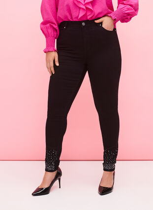 Hoge taille Amy jeans met strass steentjes, Black, Model image number 2