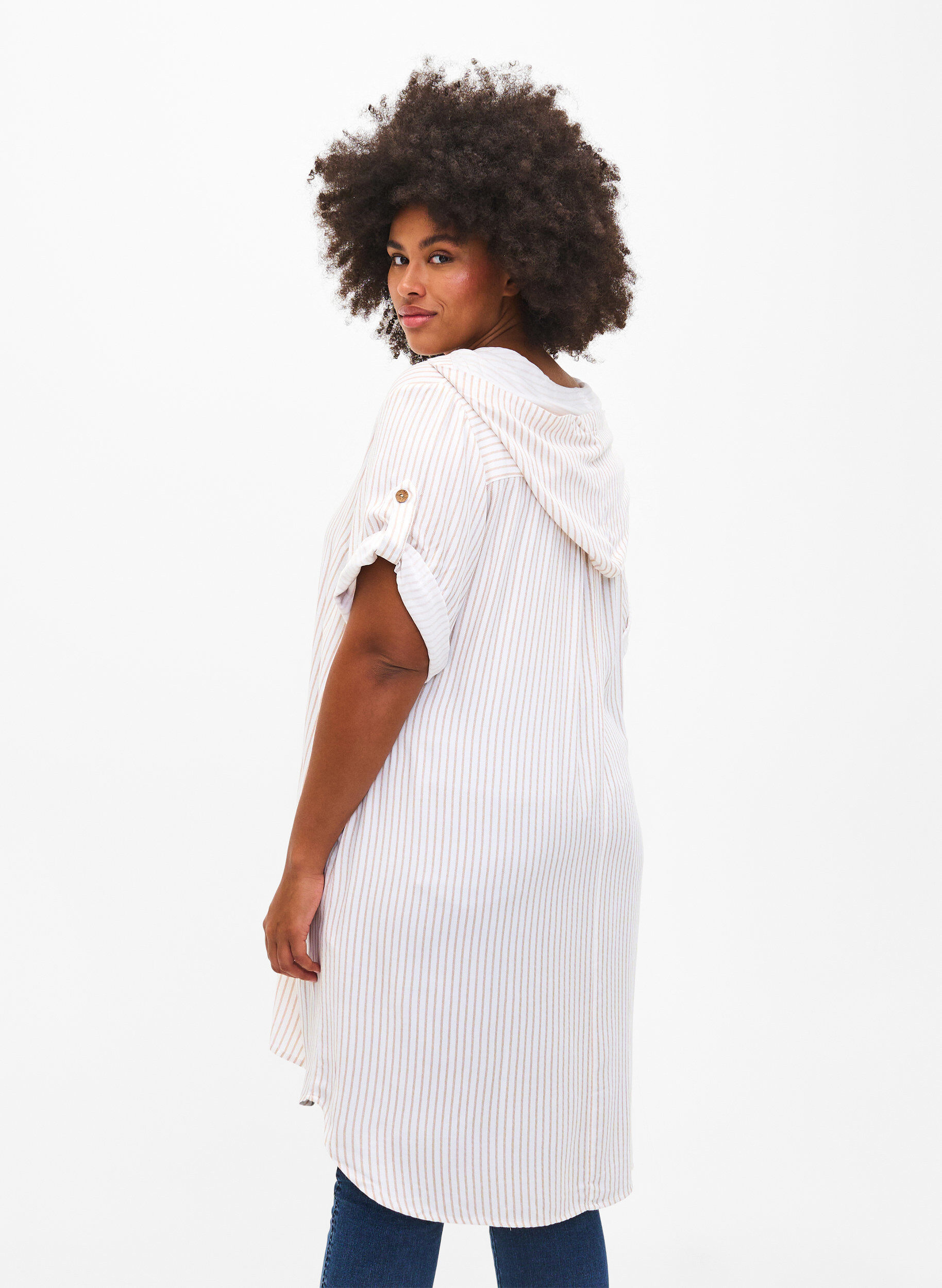 ZizziTuniek van viscose met korte mouwen en capuchon, White Natural Stripe, Model image number 1
