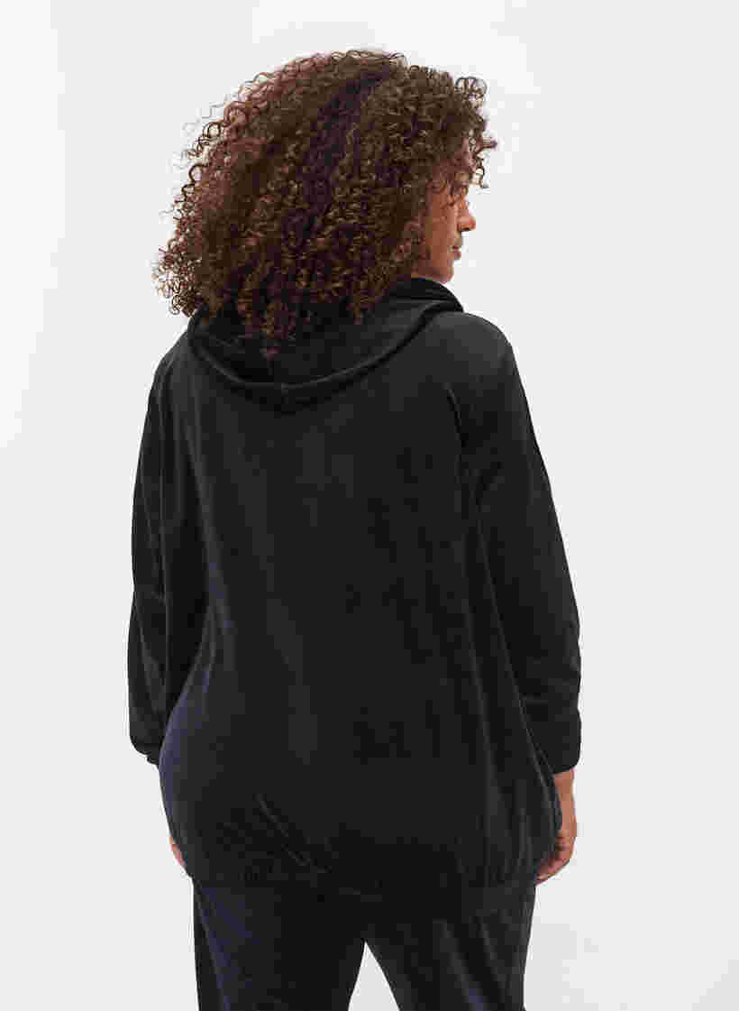 Cardigan en velours avec fermeture éclair et capuche, Black, Model image number 1